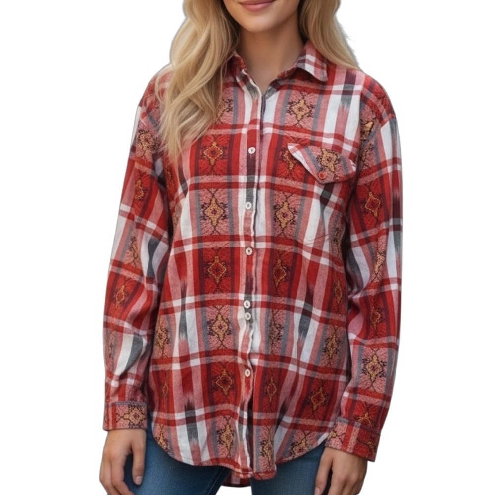 Red Plaid  Southwestern  Cabincore Long Sleeve Top